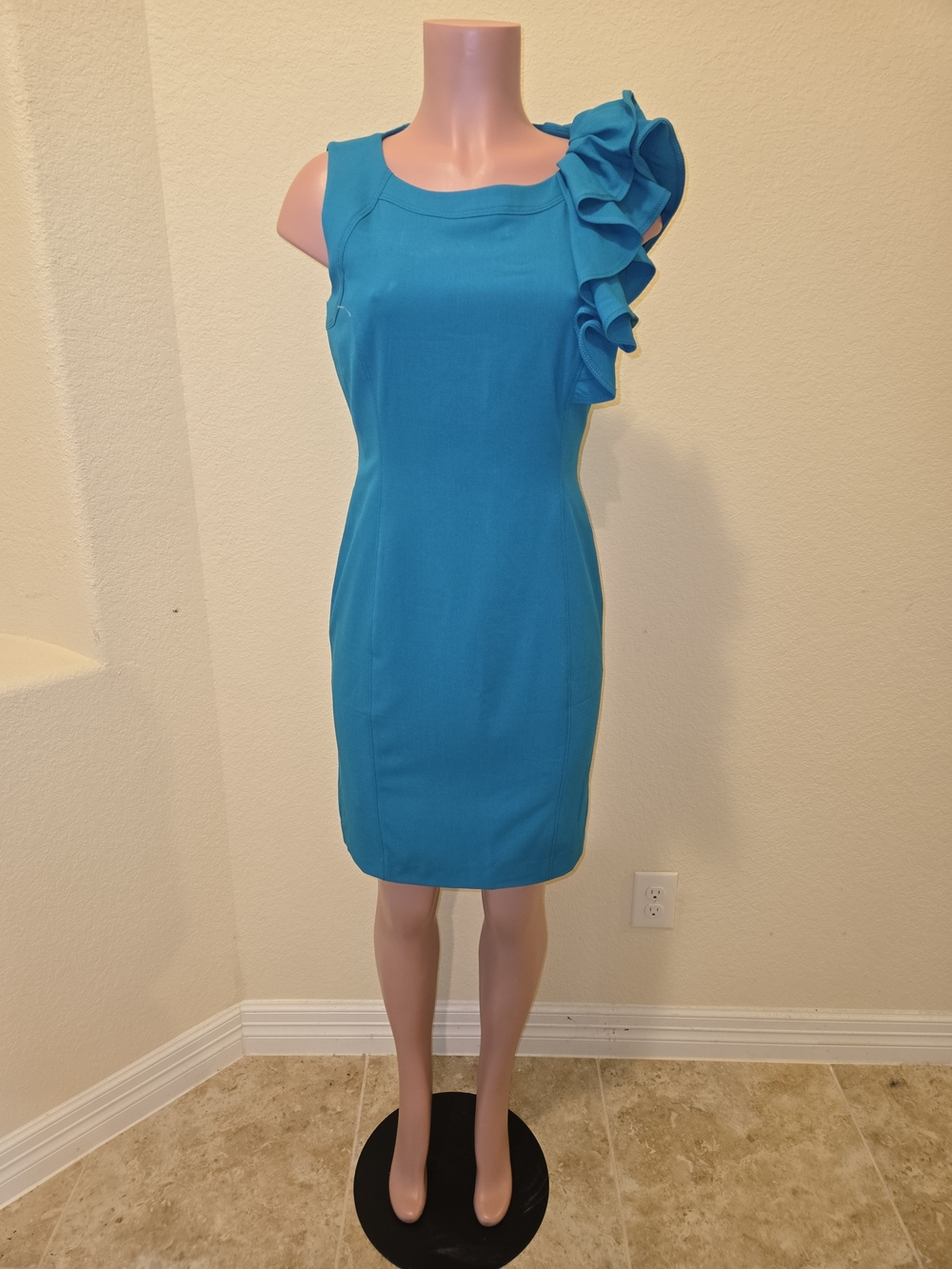 Calvin Klein Teal One-Shoulder Ruffle Sheath Dress